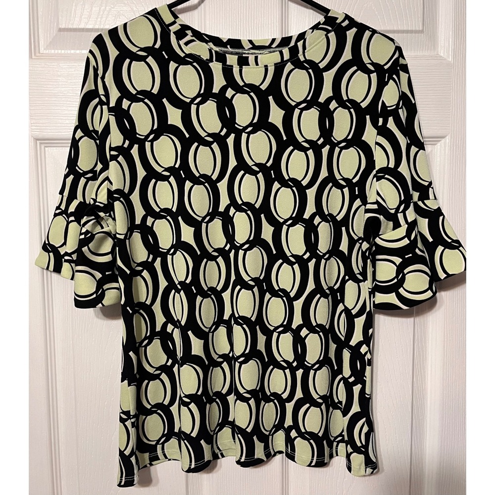 Worthington Womens Lime Green Black Geometric Circle Bell Sleeve Blouse Large